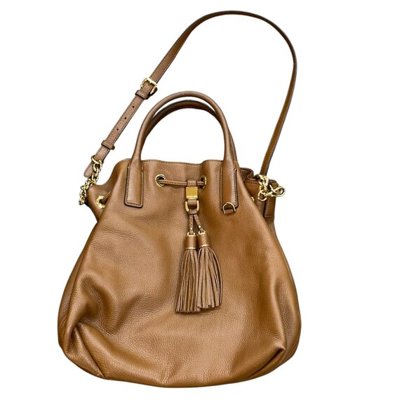 Michael Kors Crossbody Brown Pebbled Leather Tassel Bucket Hobo Bag Purse Gold - Picture 1 of 7